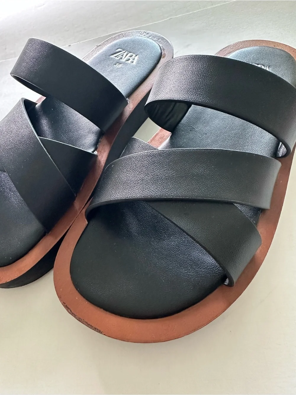 Zara Black Slide Sandals with Brown Trim